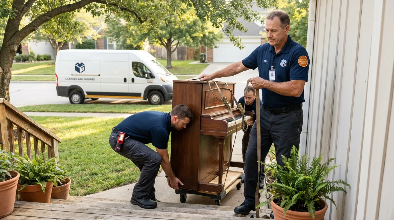 Licensed piano movers securing grand piano in Belleville, IL