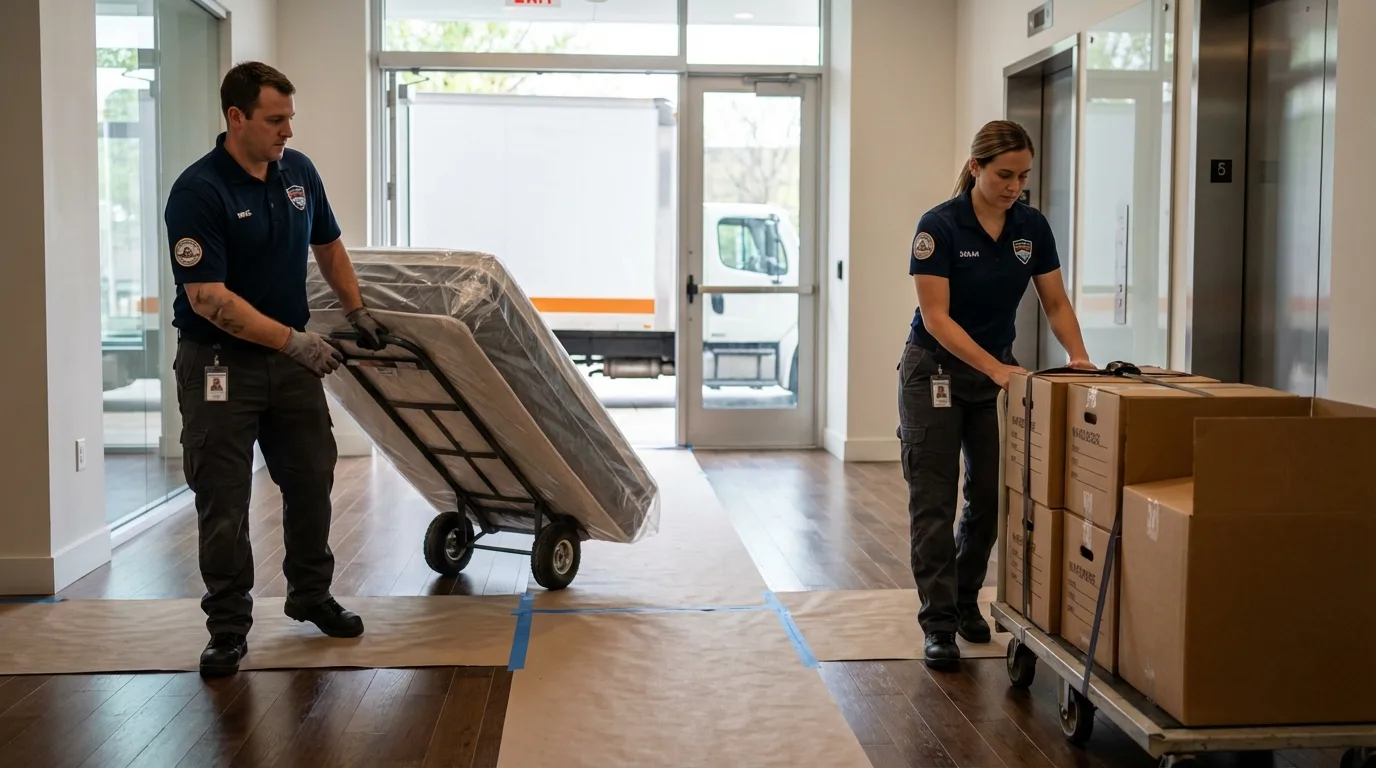 Professional apartment movers loading elevator in Belleville, IL